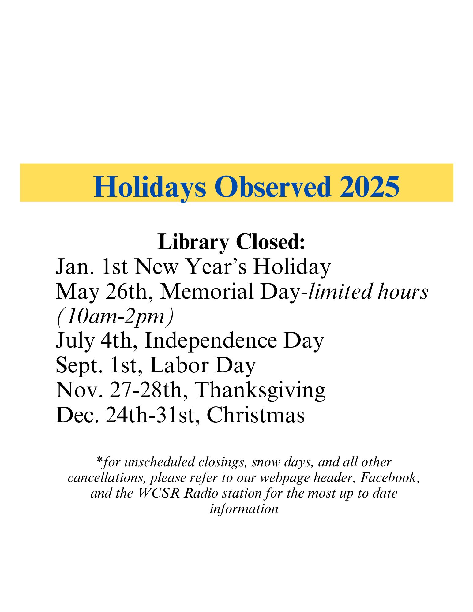 2025 Holidays Observed